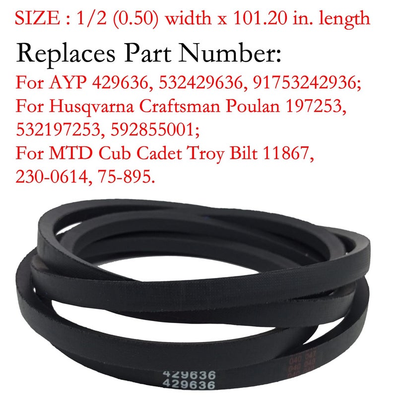 CTPOWER Replacement 429636 197253 Mower Deck Belt for Craftsman Husqvarna Poulan AYP 532429636 598559101 592855001 YTH18542 YTA18542 YTH22V42 YTH20K42 / Aramid Cord / 101.20 inches - Image 2